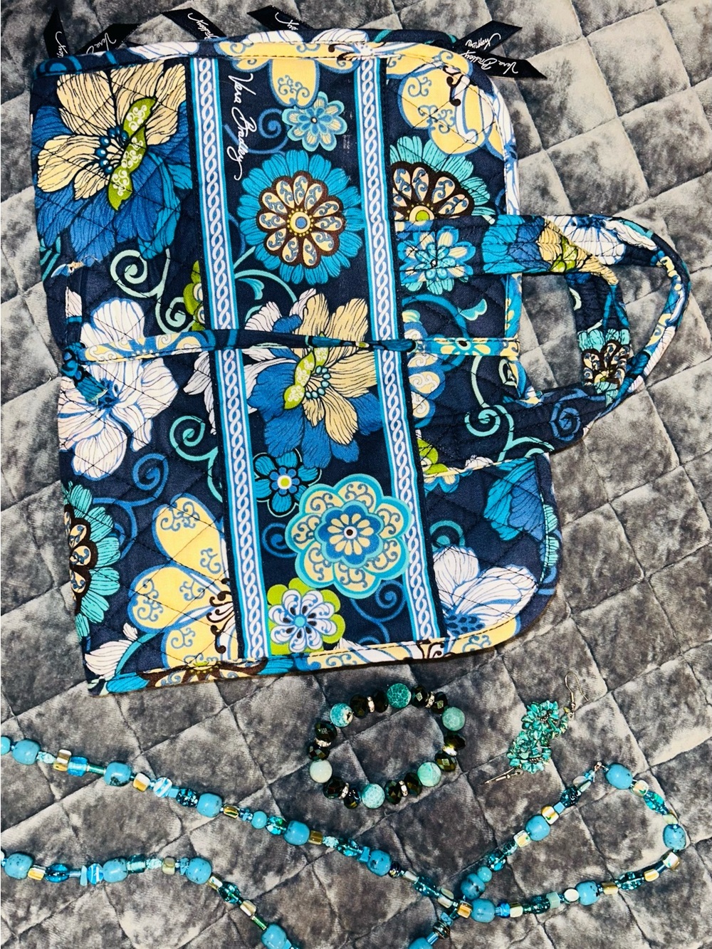 Vera Bradley Travel Organizer Bag: Navy, Turquoise & Yellow Floral Quilted Tote